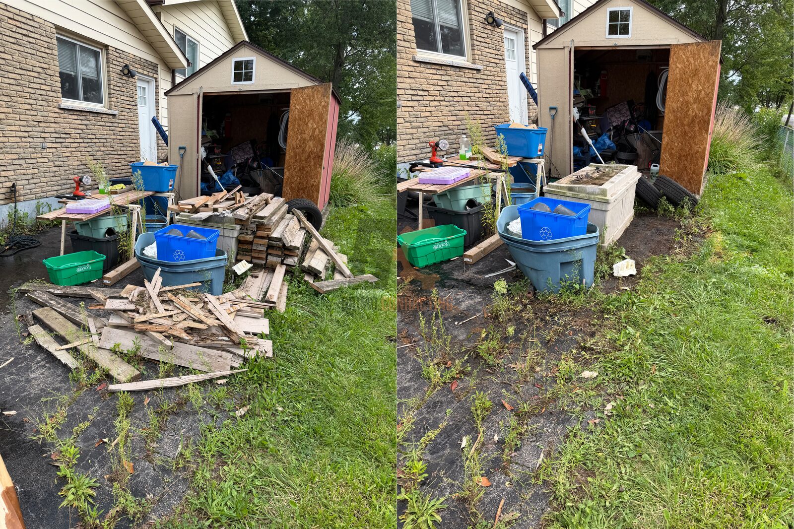 Before and after: a pile of scrap lumber and broken boards cleared from beside a backyard shed