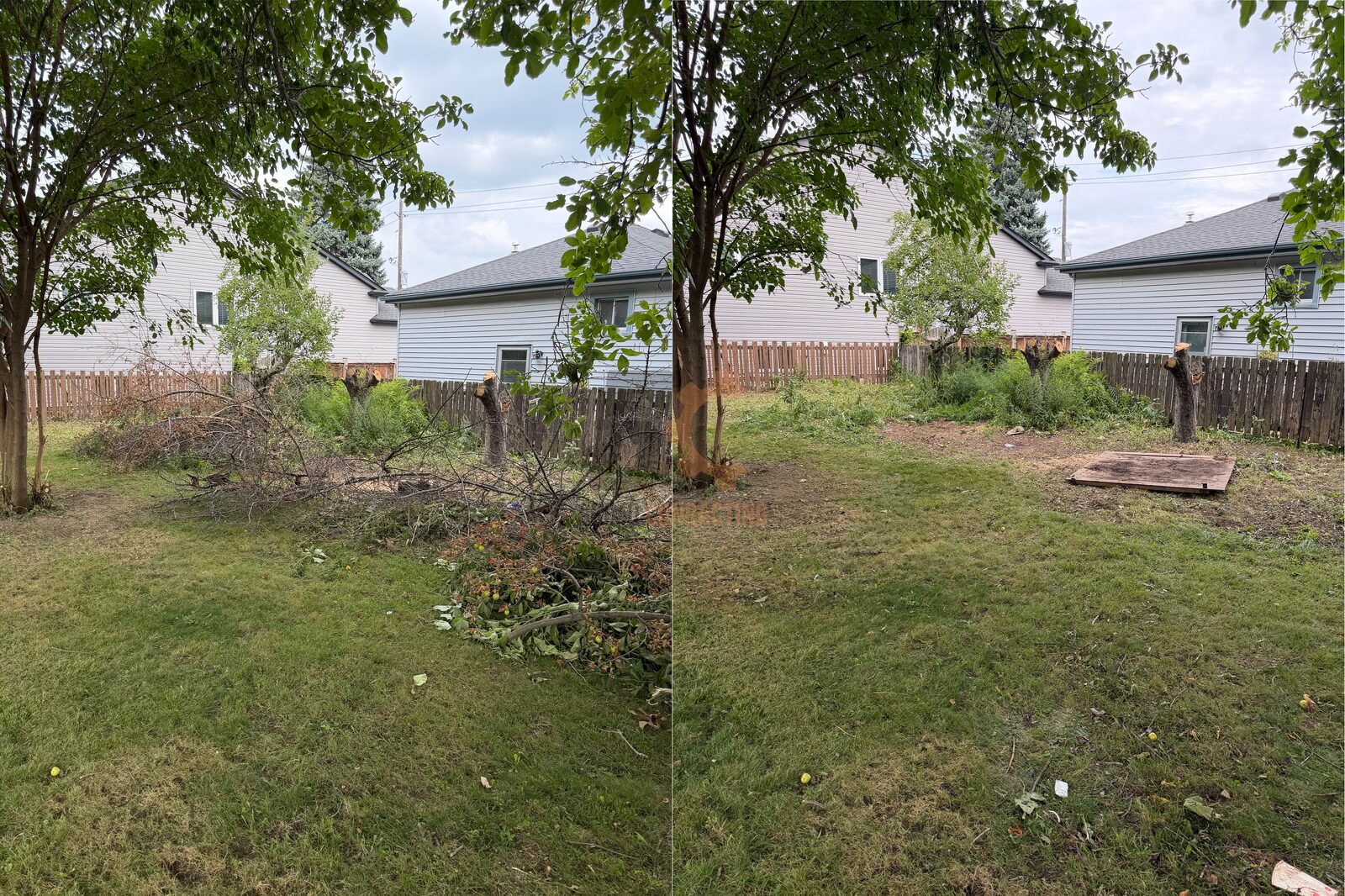Before and after: downed tree limbs and a branch pile cleared from a backyard lawn